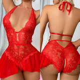 Blue Transparent Backless Bodysuit Erotic Lingerie Set Women Lace Hollow Dress Deep V Sexy Underwear One-piece Exotic Costumes
