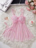 Women Mesh Nightdress Bow Pink Dress With Thong Underwear Valentine Day Gift