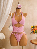 Sexy Pink Plaid Print Bikini Set 2026 Women Bandage Cross Fishbone Top 3 Piece Swimsuit Summer Bathing Suit Holiday Swimwear