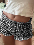 Women Summer Ruffle Shorts Casual Plaid Print Elastic Waist Short Pants for Beach Nightclub Bloomers Streetwear