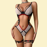 Toucheart Erotic Bodysuit Summer New Style Contrasting Color Thinmesh Steel Support Gathered Hollow Sexy Jumpsuit with Leg Rings