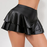 Women’s Summer Solid Color Faux Leather Ruffle Skorts Elastic High Waist Loose Shorts Casual Skirts
