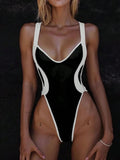 Splicing V Neck Cross Backless Women Thong Swimwear One Piece Swimsuit Female Monokini High Leg Cut Bathing Suit Swim Beach Wear