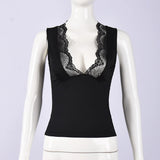 2026 Spring Summer New Arrival Elegant Sleeveless Women's Short Top Chic Fitted Lace-Panel Deep V-Neck Crop Tank Top Commute