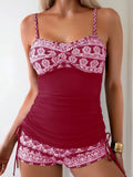 Vintage Black Floral Print Tankini Set 2026 Swimwear Women Drawstring Side Pleate Tank Top High Waist Short Two Piece Swimsuit