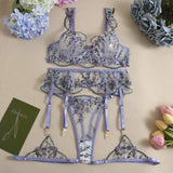 Toucheart Erotic Lingerie Fancy Embroidery See-through Mesh Contrast Color Patchwork Gathertogether Women Delicate Underwear Set