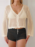V Neck Long Sleeve Hollow Out Crochet Knitted Tunic Beach Dress Beach Wear Beachwear Beach Cover Up Cover-upsFemale Women V7192