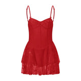 Women Summer Mini Dress Spaghetti Strap Frill Corset Backless Bandage Lace Tiered Ruffle Dress Club Party Sexy Dresses