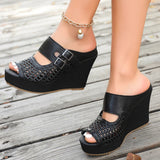 Hollow Out Chunky Wedges Sandals Women Fashion Buckle Peep Toe Super High Heels Sandals Woman Plus Size 43 Platform Slippers