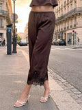 Women's Satin Lace Hem Capris Elastic Waist Loose Fit Wide Leg Pants Solid Color Lounge Street Casual Cropped Pants Summer