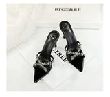 Water Diamond Women's Sandals Summer Cross Band High Heel Slip-On Shoes Leather Material Anti-Slip Rubber Sole Casual Style