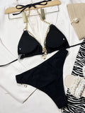 2026 Sexy Bikini Black Chain Hollow Halter Swimwear Swimsuit Women Bikinis Set Bathing Suit Beach Bikini Female Push Up Biquinis
