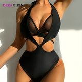 DEKA Women Mesh One-Piece Swimsuit Solid Black V-neck Swimwear Wrap Front Cutout Sexy Monokini Bathing Suits Beachwear