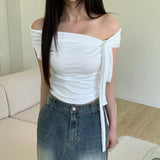 Korean Style Solid Color Women's Top Casual Slash neck Crop Top Fahionable Slim Fit White Tee Lady Summer Night Out Dress up