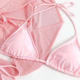 Women Pink Micro Mini String Bikini Sets 4 Pieces with Mesh Cover Tops and Skirt Swimsuit Bathing Suit Beach Outfits Biquini