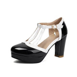 Spring Autumn New Style Fashion High-heeled Women's Shoes Color Block Round Head Shallow Mouth Buckle Square Heel Women's Shoes