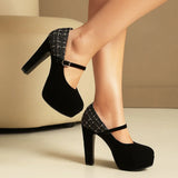 Sexy Black Faux Suede Double Buckle Straps Platform Mary Jane Pumps High Heels Wedding Club Daily Dress Shoes Women Plus Size 48