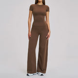 Yoga Set 2 Pieces Women's Tracksuit Short Sleeve O Neck Slim Sports T Shirts High Waist Flare Leggings Gym Running Fitness Suit