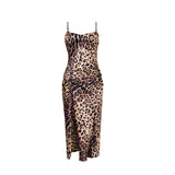 Women Sexy Leopard Print Slip Nightdress Removable Padded Drawstring High Slit Midi Nightgown Loungewear