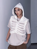Women Gothic Vest Coat Hollowed Skeletal Gilet Hoodie Sleeveless Hooded Waistcoat Streetwear for Party