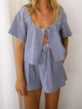 2 Piece Sets Women's Loungewear Front Toe-up Plaid Short Sleeve Shirts Tops and Shorts Sets Summer Y2K Casual Loose Streetwear
