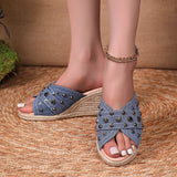 Fashion Denim Chunky Wedge Sandals Women 2025 Rivets Decor High Heels Slippers Woman Peep Toe Thick Bottom Sandles Plus Size 43