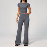 Creamy 2 Pieces Workout Suit Women Yoga Outfits Short Sleeve O Neck Slim Sports T Shirts High Waist Flare Pants Gym Fitness Sets