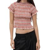 Women Casual Summer Plaid Print Shirred Tops Slim Mock Neck Short Sleeve Crop Ruffle T-shirts Streetwear