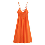 Foridol Orange Backless Tie Up Sexy Summer Women Dress V Neck A-line Beach Slip Dress 2025 Spaghetti Strap Party Midi Vestidos