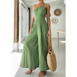 Foridol Waist Folds Backless Double Strap Casual Wide Leg Jumpsuit Long Pants Green 2025 New Female Loose  Jumpsuit