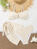 Sexy Black Beige Mesh Skirt 3 Piece Bikini Set 2025 Women Summer Metal U Wire Push Up Swimwear Bathing Suit Holiday Swimsuit