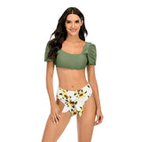 2026 Sexy Bikini Women Push Up Swimwear Swimsuit Leaf Sunflower Print High Waist Bowknot Bubble Sleeves Bikinis Set Bathing Suit