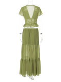 FDYOUI Sexy V-neck Lace Patchwork T-shirt Tops+Long Skirt 2 Piece Set Women's Summer Green Holiday Party Dress Suit Streetwear