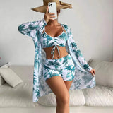 New Sexy 3 Pieces Suit for Women Neck Hanging Bikini Set+Cover-up Swimwear Sunproof Tankini High Waist Shorts Swimsuit Beachwear