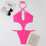 Solid Color One Piece Swimsuit Women 2026 Sexy Hollow Out Pearl Chain Bikini Halter Backless Thong Swimwear Beach Bathing Suit
