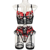 Toucheart 4-Piece Sexy Lingerie Set Women Embroidered Flower Straps Cross Hollow Out Mesh Patchwork Sexy Lace Up Bra Garters Set