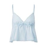 Womens Solid Color Sleep Tank Tops Spaghetti Strap Stylish Lace Trim Striped Front Bow Backless V Neck Sleep Camisoles