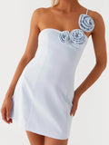 Women's Summer 3D Flower Mini Dress One Shoulder Spaghetti Strap Solid Color Slim Fit Dresses Party Clubwear