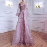 Women Evening Dress Lantern Sleeve V Neck Shiny Sequin A-line Double-layered Floor Length Mesh Cocktail Party Dress Prom Gown