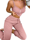 Women’s Summer Lace Trim Pajama Set, Ribbed Cami Top and Long Pants, Soft Casual Loungewear Sleepwear for Ladies