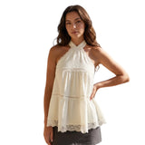 Women Solid Color Halter Top Sleeveless Tops Backless Lace Patchwork Summer Vest for Club Party