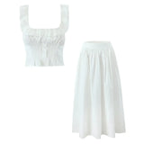 Summer Women White Cotton Dress Set 2025 Top+skirt 2 Pcs Outfit Ruffles Button Slim Top A-line Maxi Skirt Beach Casual Dress