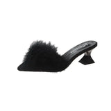 Women's Half Slippers New Summer Sexy Pointed Temperament High-heeled Slippers Female Fashion Furry High Heels Solid Slides