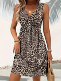 Summer Style Leopard Print Mini Dress Women Fashion Vacation Elegant Vintage V-neck Sleeveless Vestidos Nightclub Party Dresses