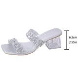 Shiny Sequins High Heels Sandals Women Plus Size 43 Square Toe Transparent Heel Slippers Woman Slip On Gold Crystal Party Shoes