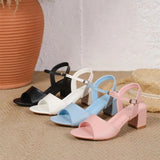 Size 42 Summer Classic Black White Ankle Strap Sandals for Women Elegant Blue Pink Square Heels Office Lady Shoes