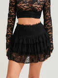 Women Flower Lace Mini Skirts High Waist Ruffle Layered Pleated Skirt Summer Y2K Gothic Skirt for Beach Club Street