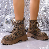 Fashion Leopard Print Platform Ankle Boots Women Lace Up Thick Sole Crystal Short Booties Mujer Round Toe Zipper Modern Boots