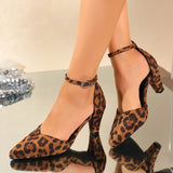 Fashion Leopard Print High Heels Sandals Women 2026 Plus Size 42 Ankle Buckle Pumps Woman Sexy Pointed Toe Party Shoes Ladies
