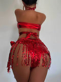 DEKA  Brazilian Silver Sequin Tassel Bikini Set Women's Halter Fringes Bra Shorts Nightclub Swimsuit Dance Stage Outfit Swimwear